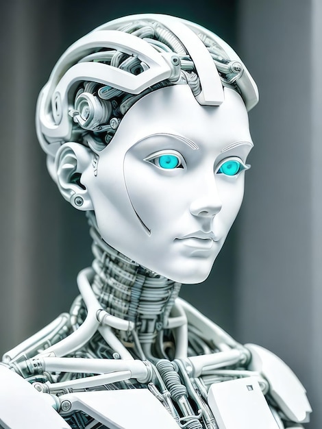 Een robot met blauwe ogen en een wit gezicht