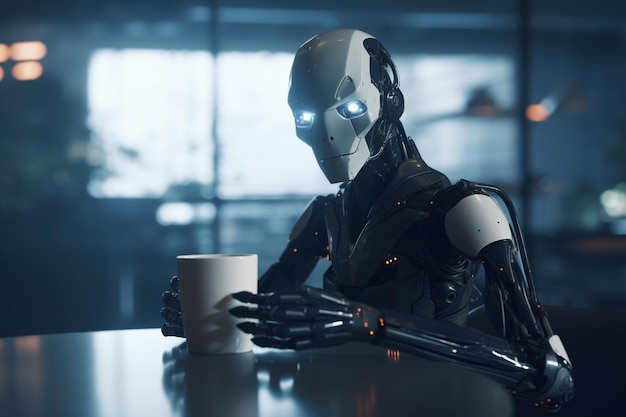 Een robot met blauwe ogen zit aan een tafel met een kop koffie.