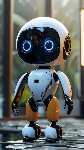 Een robot met blauwe ogen.