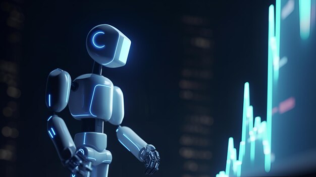 Een robot met de letter c op zijn hoofd kijkt naar een gebouw.