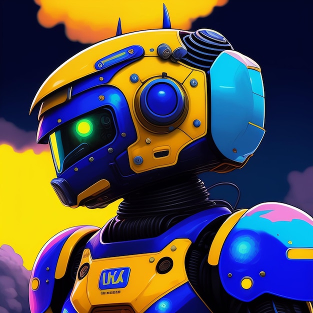 Een robot met een blauw en geel gezicht en het woord erop