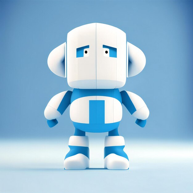 een robot met een blauw gezicht en wit lichaam en een blauw en wit shirt.