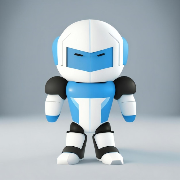 een robot met een blauw-wit pak aan en een zwart-witte outfit.