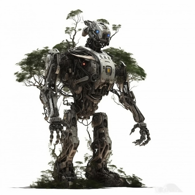 Een robot met een boom geïsoleerd op witte achtergrond