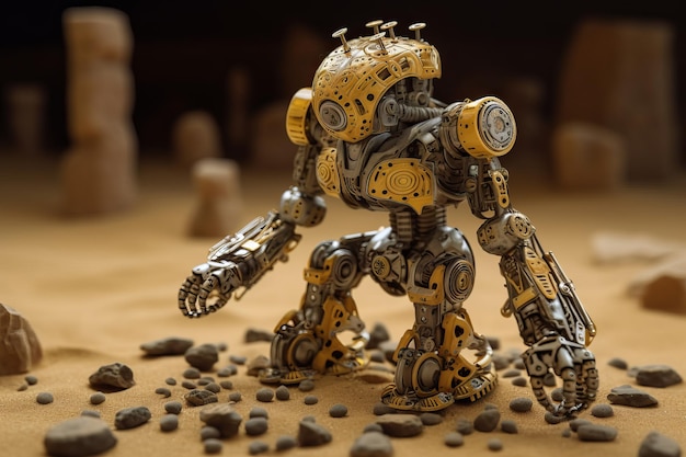 Een robot met een groot geel lichaam staat in het zand.