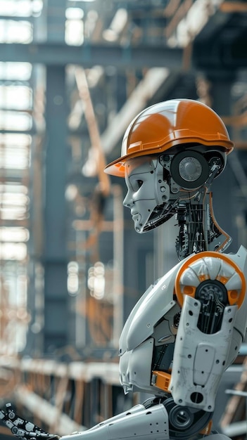 Een robot met een harde hoed werkt op een bouwplaats