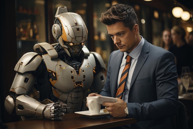 een robot met een kop koffie en een man die een boek leest