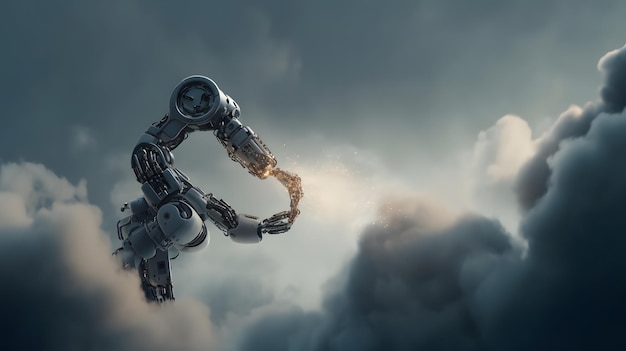 Een robot met een lampje op zijn arm vliegt door de wolken.