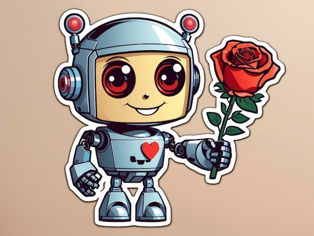 een robot met een roos in de hand en een sticker erop