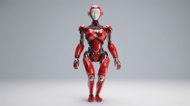Een robot met een wit gezicht en een rood lichaam.
