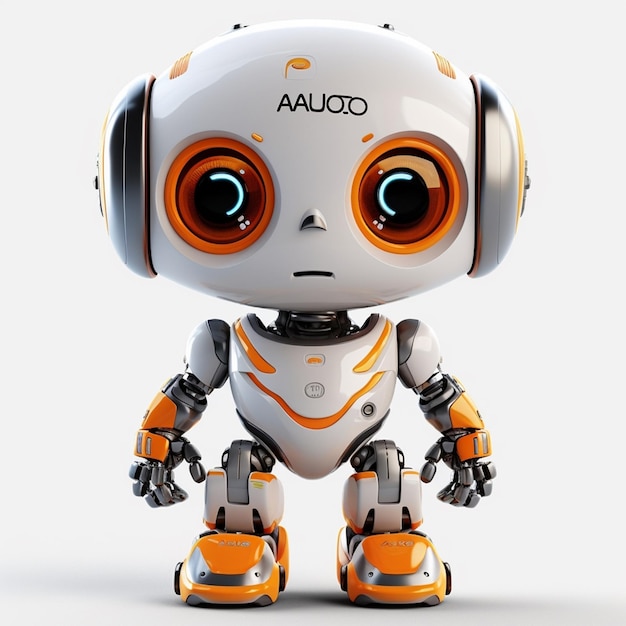 Een robot met grote ogen en een groot hoofd waar aud op staat.