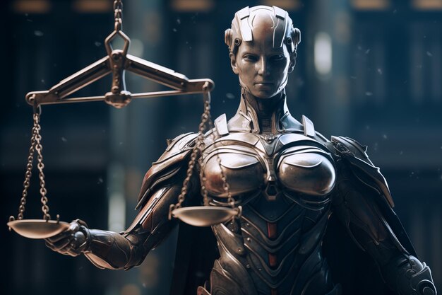 Een robot met kunstmatige intelligentie naast de weegschaal van de justitie die juridische beslissingen neemt