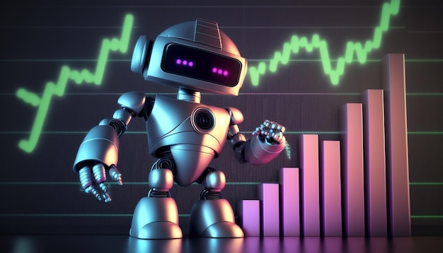 Een robot met op de achtergrond een grafiek met een aandelengrafiek.