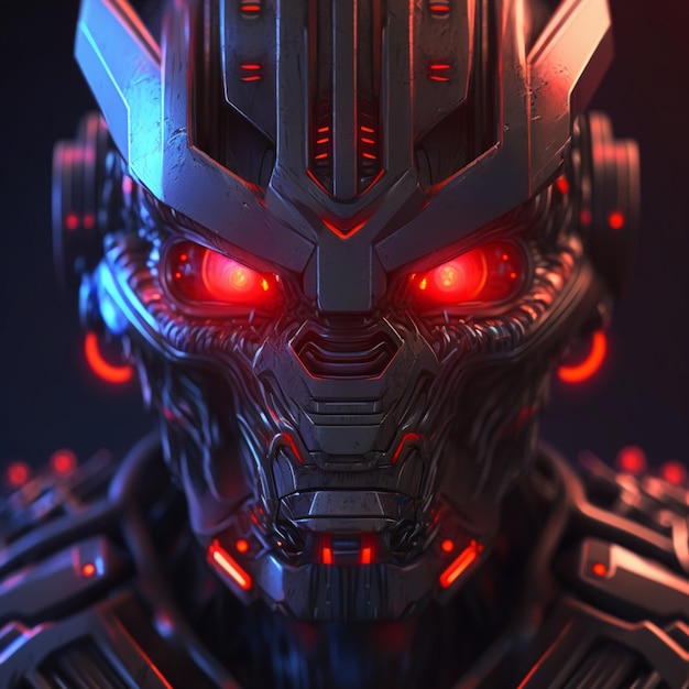 Een robot met rode ogen en rood gloeiende ogen.