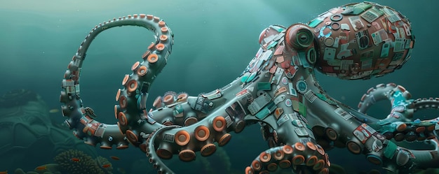 Een robot octopus ontworpen om plastic afval te verzamelen en te compacten die in de buurt van een eiland met een rijke biodiversiteit werkt