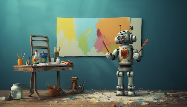 Foto een robot schildert een schilderij in een kamer met een kleurrijke achtergrond