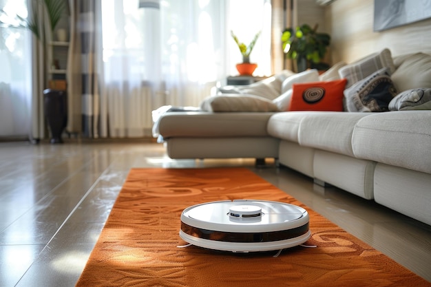 Een robot stofzuiger navigeert door een schone woonkamervloer