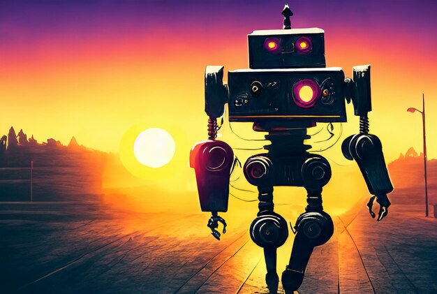 een robot uit de jaren dertig die naar de zonsondergang loopt vintage film poster digitale kunst