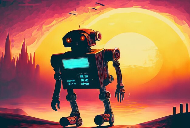 een robot uit de jaren dertig die naar de zonsondergang loopt vintage film poster digitale kunst