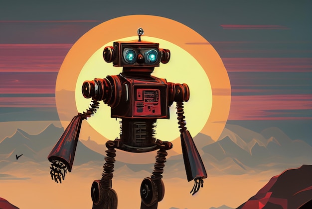 een robot uit de jaren dertig die naar de zonsondergang loopt vintage film poster digitale kunst