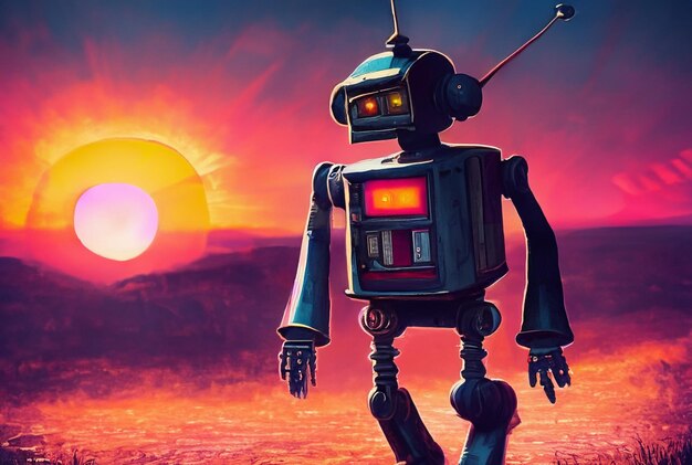 een robot uit de jaren dertig die naar de zonsondergang loopt vintage film poster digitale kunst