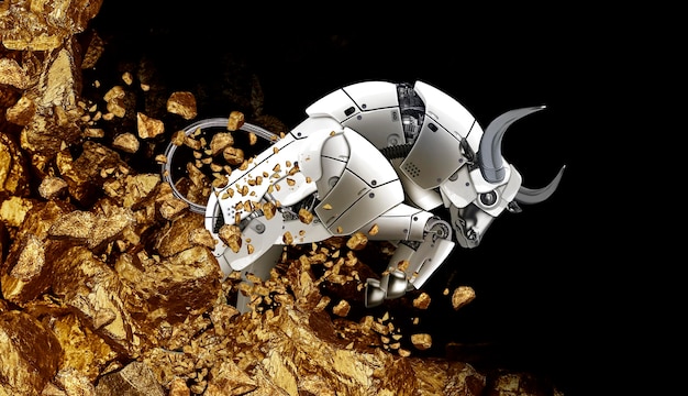 Een robot valt van een stapel goud naar beneden.