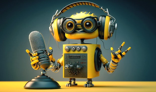 Een robot van een radiopresentator met een positieve kijk legt een podcast vast in de studio met een gele koptelefoon en een bril op