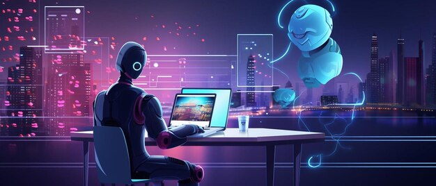 een robot zit aan een bureau met een computer en een monitor met een blauwe buitenaardse erop