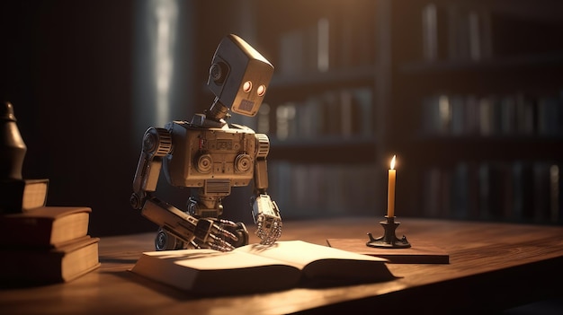 Een robot zit aan een tafel een boek te lezen.