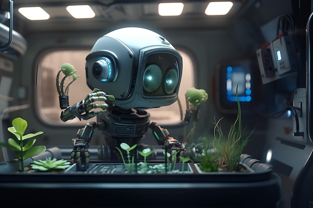 Een robot zit in een auto waar planten uit groeien.