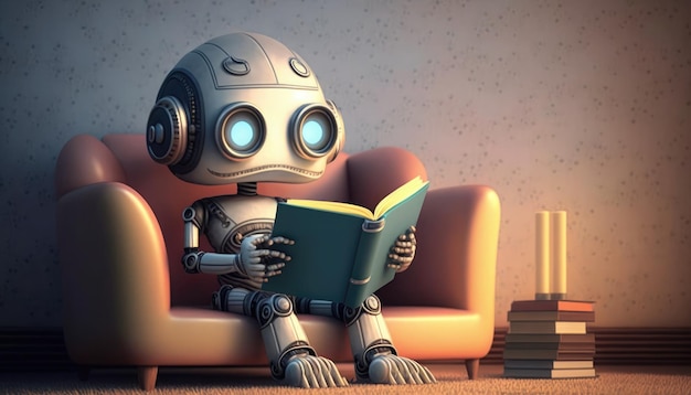 Een robot zit op een bank een boek te lezen.