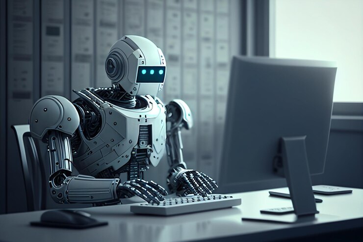 Foto een robot zit voor een computerscherm en een scherm met de woorden "robot" erop.