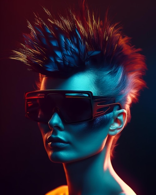 Een robotachtige vrouw met een hanenkam en een rood en blauw neonlicht met een futuristische zonnebril