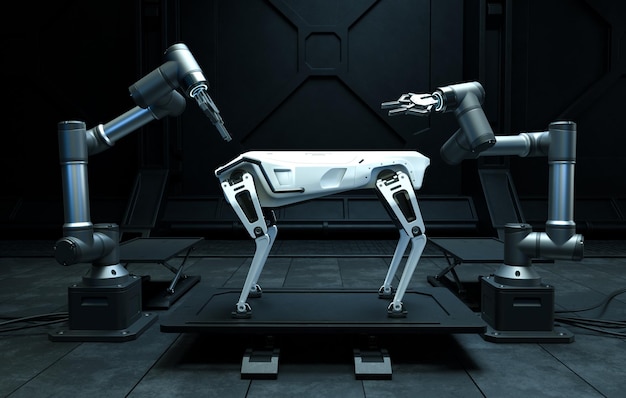 Een robotarm assembleert een robothond in een fabriek