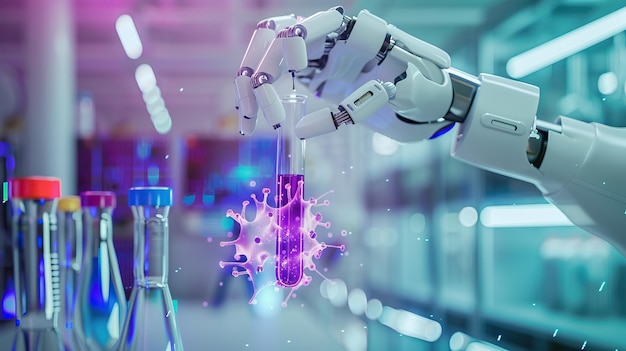 Een robotarm voert een experiment uit met een gloeiende paarse stof in een futuristisch laboratorium