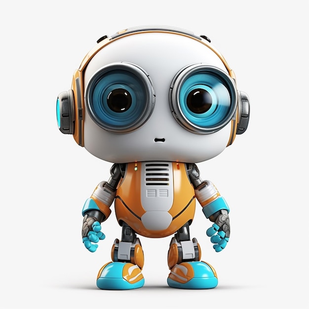 Een robotfiguur met een blauw en oranje gezicht.