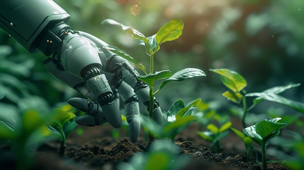 Een robothand die een groen spruitje grijpt bedoeld voor het planten in een kas AI die de aarde redt Generatieve AI