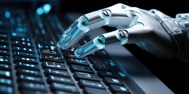 Een robothand drukt vakkundig de toetsen op een computertoetsenbord in en vertaalt mechanische precisie naadloos naar digitale invoer AI Generatieve AI