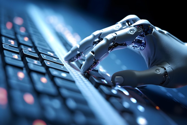 Een robothand raakt een toetsenbord aan met een blauwe achtergrond.