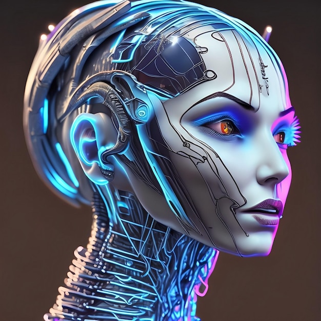 Een robothoofd met een blauw gezicht en een roze licht op het gezicht.