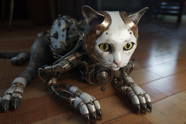 Een robotkat met een menselijk gezicht en groene ogen.