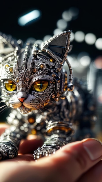 Een robotkat met een metalen gezicht en gele ogen.