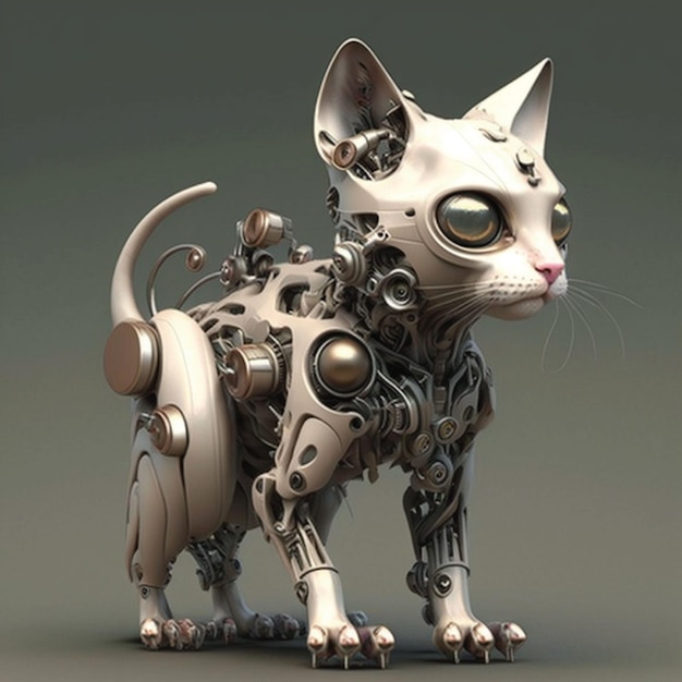 Een robotkat met een robotlichaam met een gezicht waarop 'kat' staat
