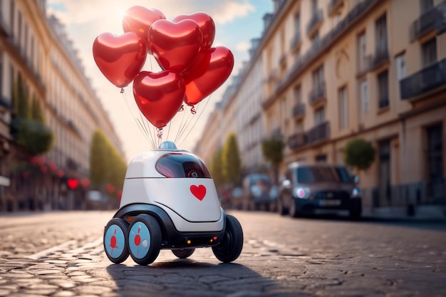 Een robotkoerier rijdt langs een stadsstraat met hartvormige ballonnen