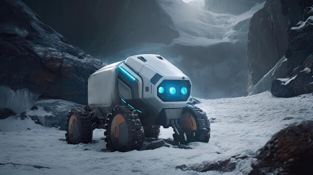 Een robotkoerier van de toekomst in een besneeuwde toendra met ijzige grotten Generatieve AI