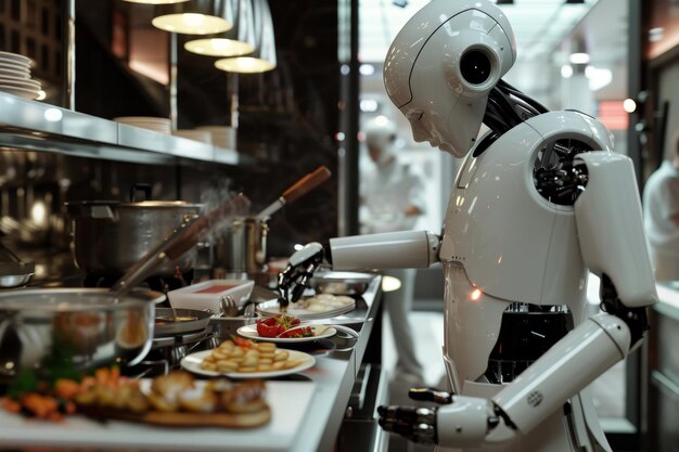 Foto een robotkok bereidt eten voor in een keuken.