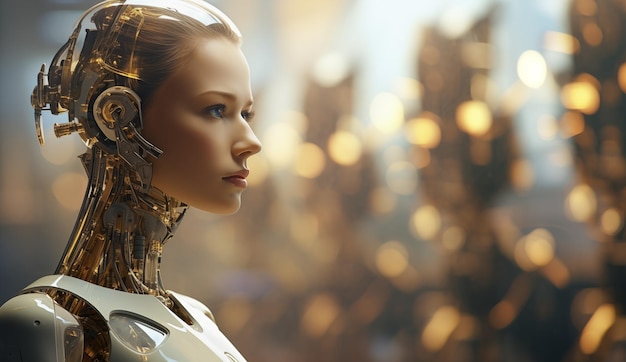 Een robotvrouw met de visuele kenmerken van een mens Hoofd en nek met mechanische en elektronische componenten Afbeelding om kunstmatige intelligentie of robotica technologie te illustreren