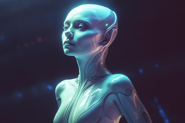 Een robotvrouw met een blauw licht achter haar.