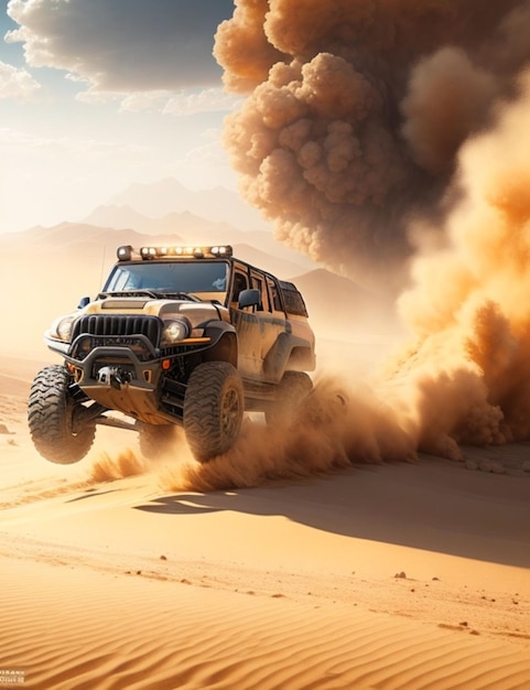 Een robuuste off-road voertuig navigeren een zonnebloze woestijn landschap