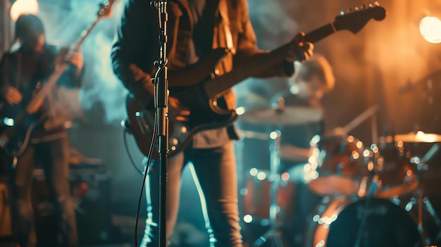 Foto een rockband speelt op het podium. de leadgitarist staat op de voorgrond met de drummer en basgitarist op de achtergrond.